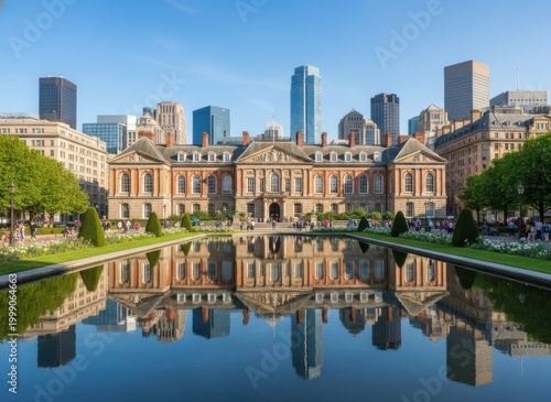 Rittenhouse square reflecting pool and historic building with philadelphia skyline