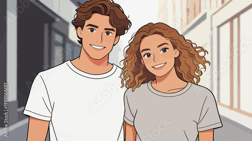 Young smiling couple walking on urban street together