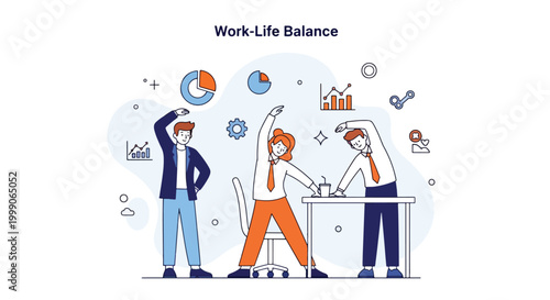 Illustration of three coworkers collaborating with work-life balance icons floating around them on a white background.