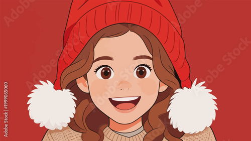 Cheerful young female character in winter holiday attire