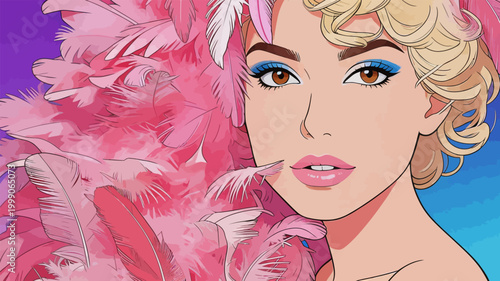 Vintage Pop Art Portrait of Glamorous Female with Feather Boa