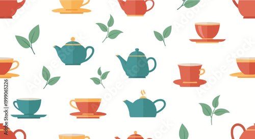 Seamless Pattern with Teapots, Cups, and Tea Leaves - Flat Design