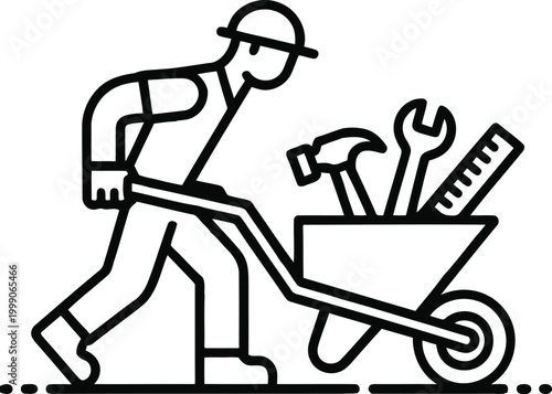 Construction worker pushing a wheelbarrow full of tools