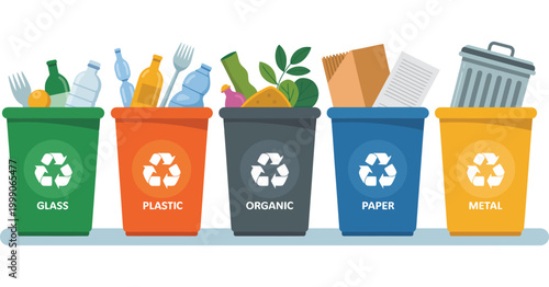 recycling bins filled with sorted waste in vibrant colors illustrating waste segregation, environmental care, sustainability, recycling process, pollution reduction and responsible disposal habits.
