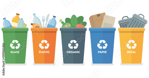 recycling bins filled with sorted waste in vibrant colors illustrating waste segregation, environmental care, sustainability, recycling process, pollution reduction and responsible disposal habits.