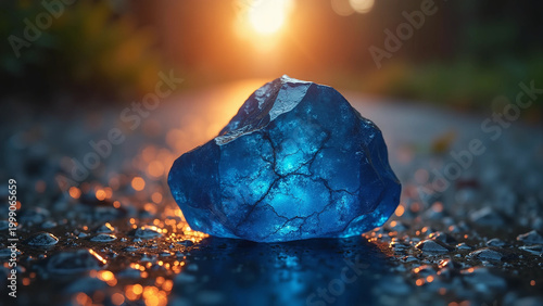 Glowing Blue Crystal Stone with Internal Light on Wet Ground at Sunset - Cinematic Fantasy Gem, Power Source, and Mystical Energy Concept