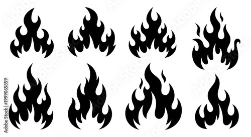 Collection of eight distinct flame icons in silhouette, perfect for graphic design and digital art applications