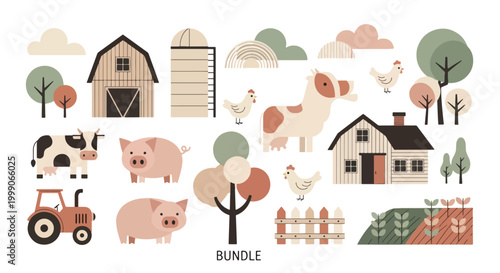 Flat lay illustration of a farm scene with animals, barn, house, and tractor in pastel colors on a white background.