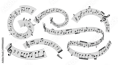 Set of abstract musical staves with notes, treble and bass clefs, swirling and flowing musical lines, creative musical design elements for posters, flyers, and musicthemed projects