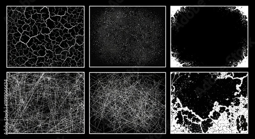 Abstract Grunge Textures Featuring Cracks and Scratches, Presented in a Six-Panel Layout