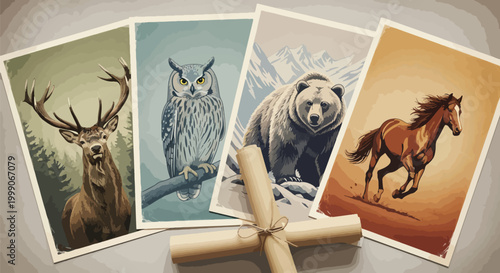 Four wildlife illustrations of a deer, owl, bear, and horse on cards with a rolled paper background.