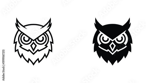 Wise owl head mascot logo design with sharp geometric details for academic and educational branding in bold linear and solid black vector style isolated on white background for school emblems
