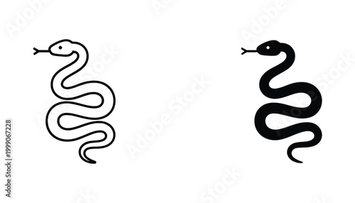 Wavy snake mascot icon set featuring slithering serpent in minimalist outline and solid black silhouette styles for pet shop branding or wildlife conservation educational materials on white background