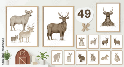 A wall display of framed pictures and illustrations of various deer and antelope species with a barn and plants on a