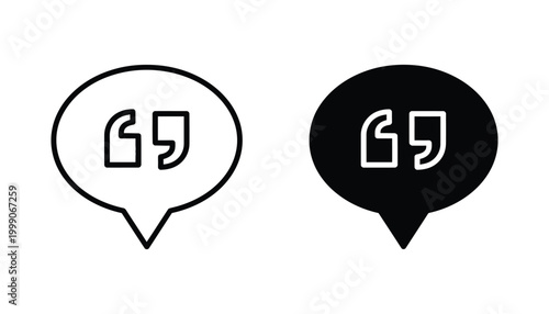 Speech bubble with quotation marks icon set in minimalist outline and solid black styles for testimonial testimonial feedback or comment sections in user interface and web design projects on white