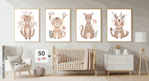 Nursery room interior with framed animal illustrations on wall, crib, chair, and dresser in soft pastel colors,