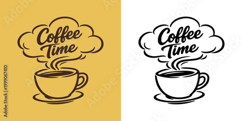 Logo cafetería. Dibujo sencillo con líneas estilo vintage de una taza de café con su plato y texto Coffee Time en el vapor