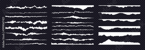 White recycled sheet texture featuring jagged torn paper rip edge effect. Vector bundle includes page piece blank card tag label banner divider claw cut line. Cardboard tear edge kit on like png bg.