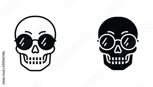 Minimalist skull head icon wearing round sunglasses in outline and solid black styles for trendy fashion accessory branding and edgy graphic design assets for youth lifestyle apparel and print media