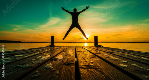 Silhouette of a man jumping from a wooden dock at sunset. Low angle view of a person leaping over a calm lake. Freedom concept, ideal for motivational and travel marketing.