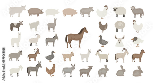 A diverse collection of farm animals and livestock silhouettes on a clean white background.