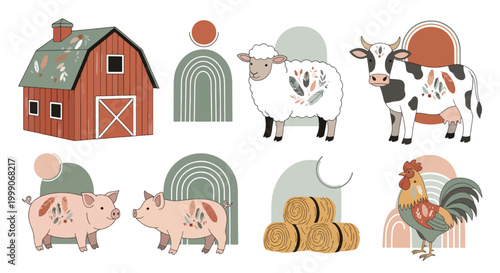 Flat lay of colorful farm animals and buildings with geometric shapes on a white background.