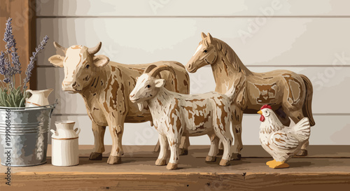 Wooden farm animal figurines on a rustic shelf with a metal bucket and ceramic jugs against a shiplap wall.