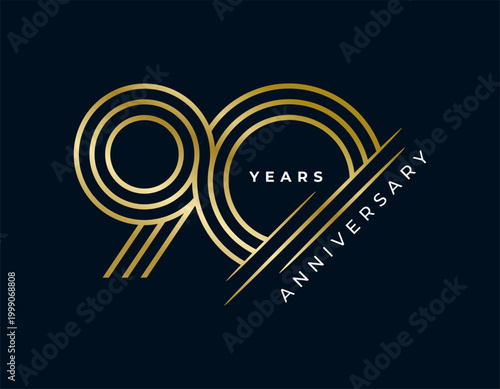 90 Years Anniversary design vector illustration. Unique 90 years logo design template. In gold color