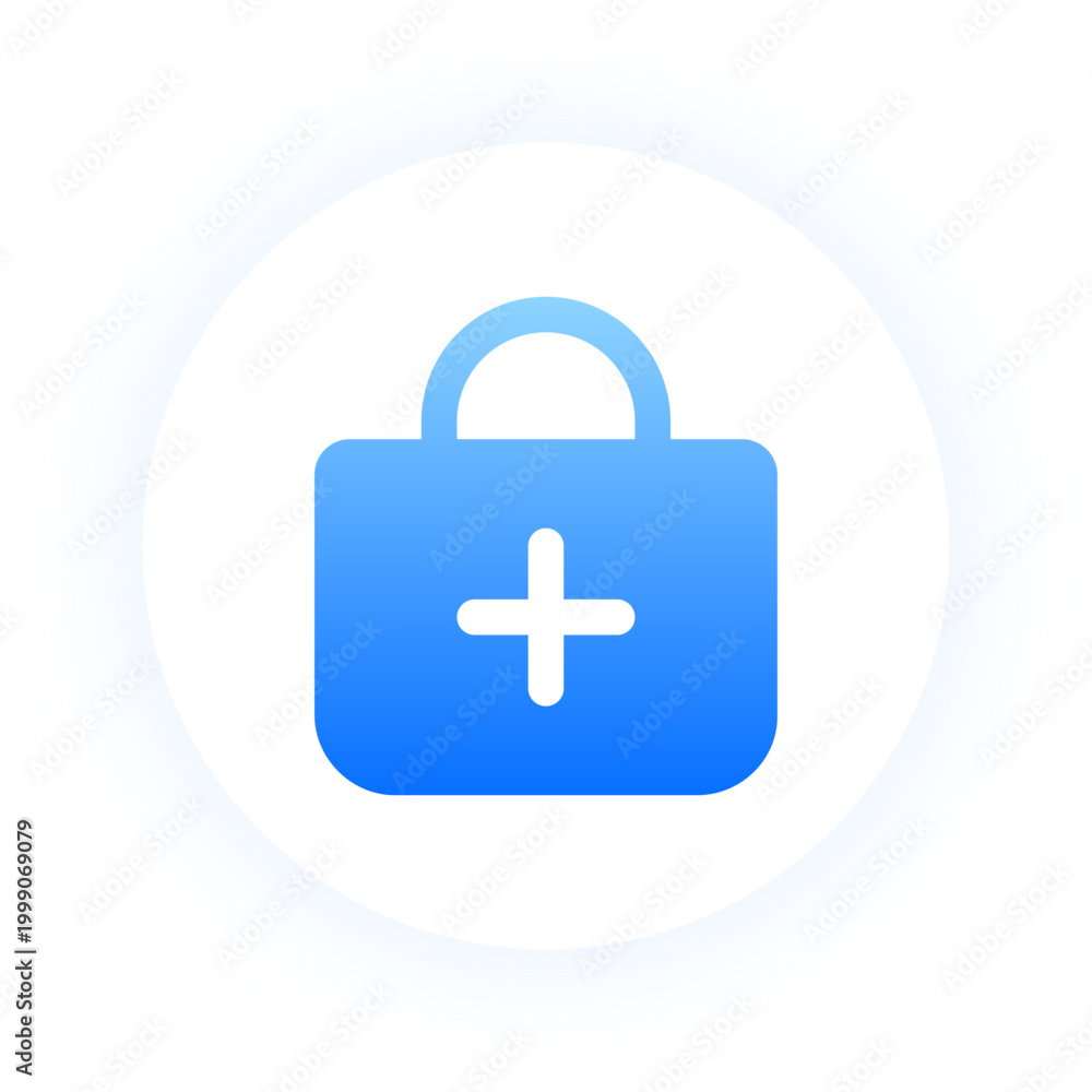 Fototapeta premium Vibrant blue shopping bag icon with plus symbol and neon glow for retail apps