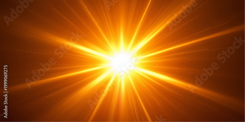 An abstract bright summer sunrise design features a warm orange and yellow sun burst with glowing light rays and energy beams shining across a hot sunny sky illustration background