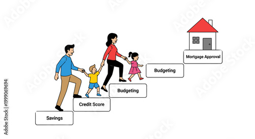 Illustration of a family with children stepping on savings, credit score, and budgeting to reach a house with a mortgage approval, conveying a financial planning and homeownership concept.