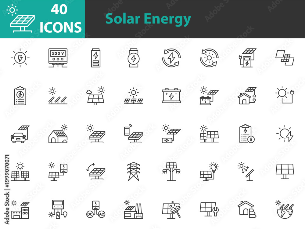 Fototapeta premium set of solar energy icons, clean energy, electricity, solar cell