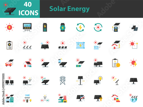 set of solar energy icons, clean energy, electricity, solar cell