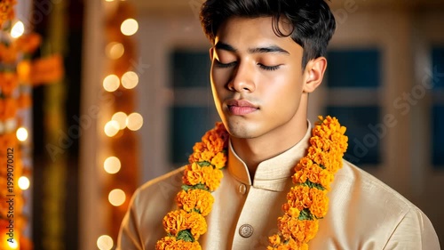 Peaceful moments of reflection with floral garland in warm lighting