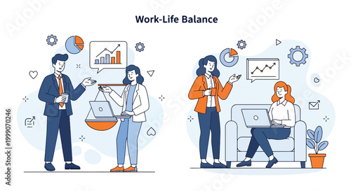 Illustration of four business professionals engaged in work-life balance activities with laptops and graphs in a modern