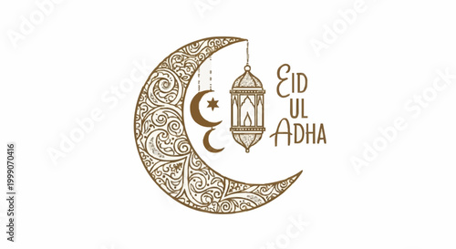 Ornate crescent moon and hanging lantern vector illustration with star, beautifully crafted for Islamic holy day celebrations like Eid al-Adha, representing faith and tradition