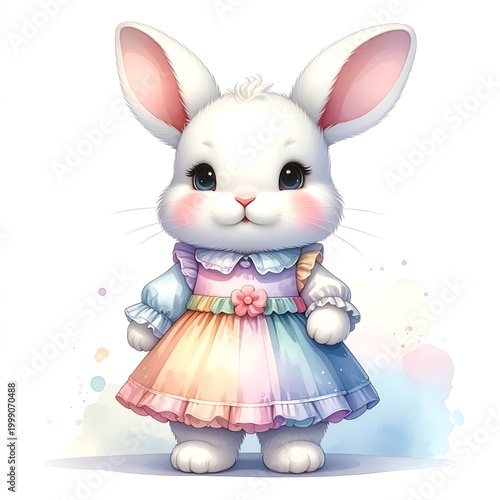 Cute white rabbit in colorful dress.