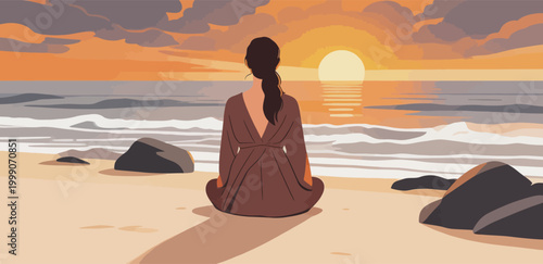 Young woman sitting on beach watching ocean sunset