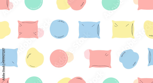 Seamless Pattern of Pastel Pillows and Abstract Shapes, Flat Design, Cute Hand-Drawn Style