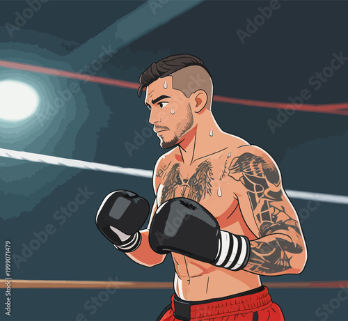 Professional Boxer Preparing For Match In Boxing Ring