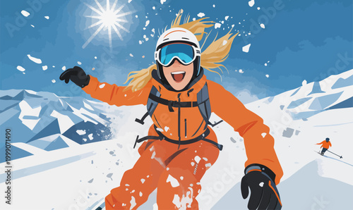 Excited Female Skier Enjoying Winter Mountain Holiday