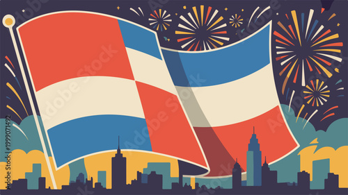 Waving French and Dutch flags over city skyline illustration