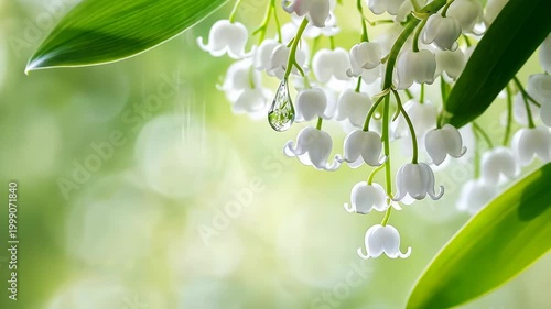 Gentle raindrops on delicate lily of the valley blossoms in lush spring environment