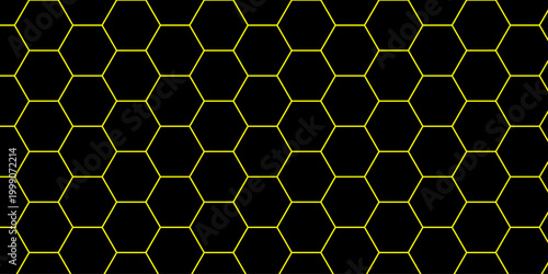 Seamless yellow honeycomb hexagon pattern vector illustration featuring a geometric bee cell grid texture and orange abstract art backdrop