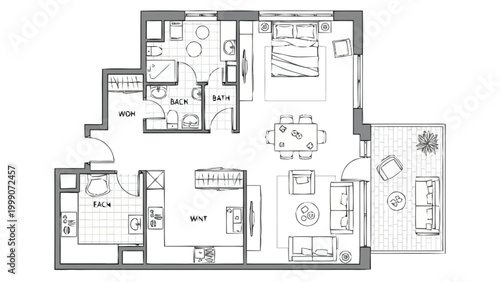 Architectural Blueprint Presentation of Modern Apartment Layout Showing Living Spaces Bedrooms Bathrooms Kitchen Dining Area and Balcony Floor Plan Design For Real Estate Development And Home
