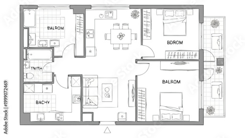 Architectural blueprint presenting a detailed residential floor plan layout with multiple rooms including bedrooms living spaces and bathrooms demonstrating property design and spatial