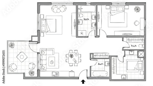 Architectural Visual Representation of a Dwelling Layout Showing Multiple Residential Rooms Featuring Furniture Placement and Room Divisions for Property Development Planning or Interior Design