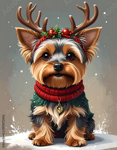 Cute Yorkie Dog Wearing Antlers Scarf.