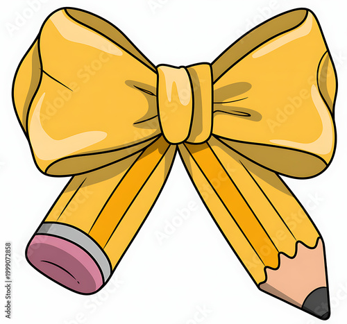 bright yellow gift bow on pencil isolated illustration for back to school promotion
