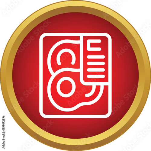 Packaged meat with a nutrition label displaying product information on a red and gold icon